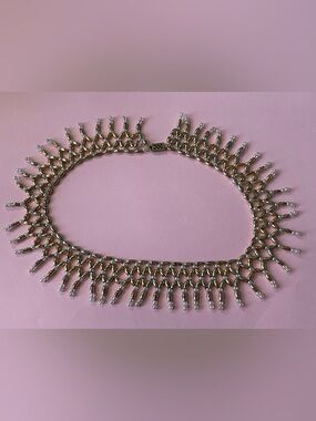 Vintage Faux Pearl Plastic Gold Bead Woven Bib Necklace #6387